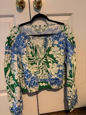 Gibson Latimer Blue & Green Floral Off-Shoulder Peasant Top